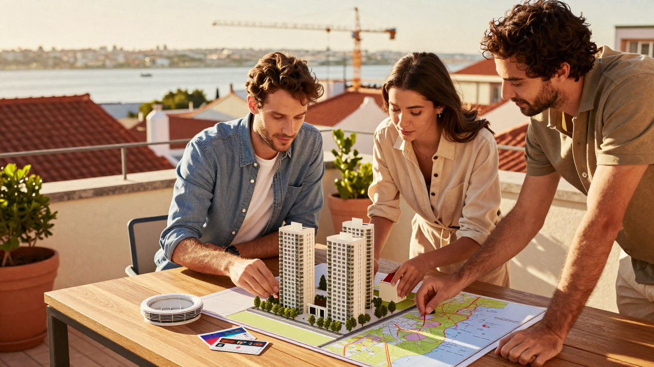 Drei Erwachsene planen mit Architekturmodell und Karte auf Terrasse mit Blick auf Wasser und Stadt.