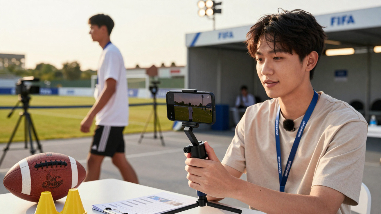 Junger Mann filmt mit Smartphone auf Stativ auf Sportplatz, Football und Trainingsutensilien auf Tisch.