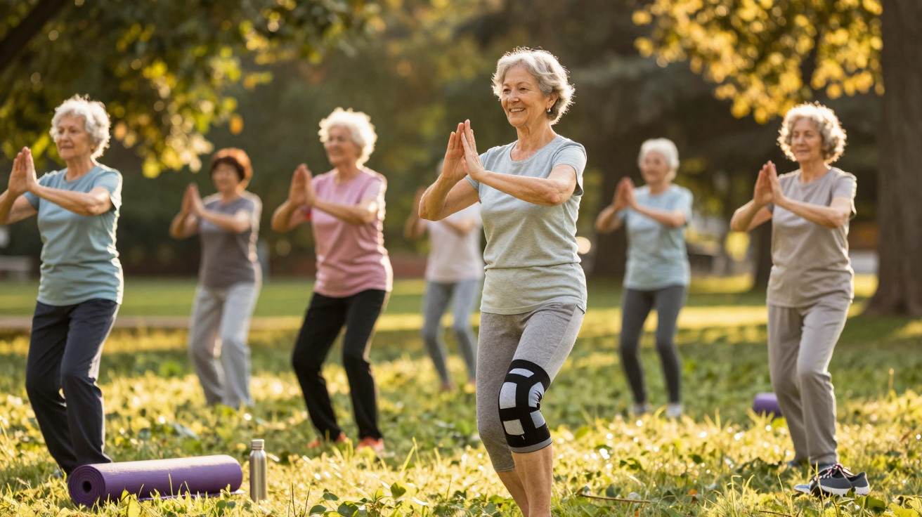 Ältere Frauen machen Yoga-Übungen gemeinsam im Park bei Sonnenschein.