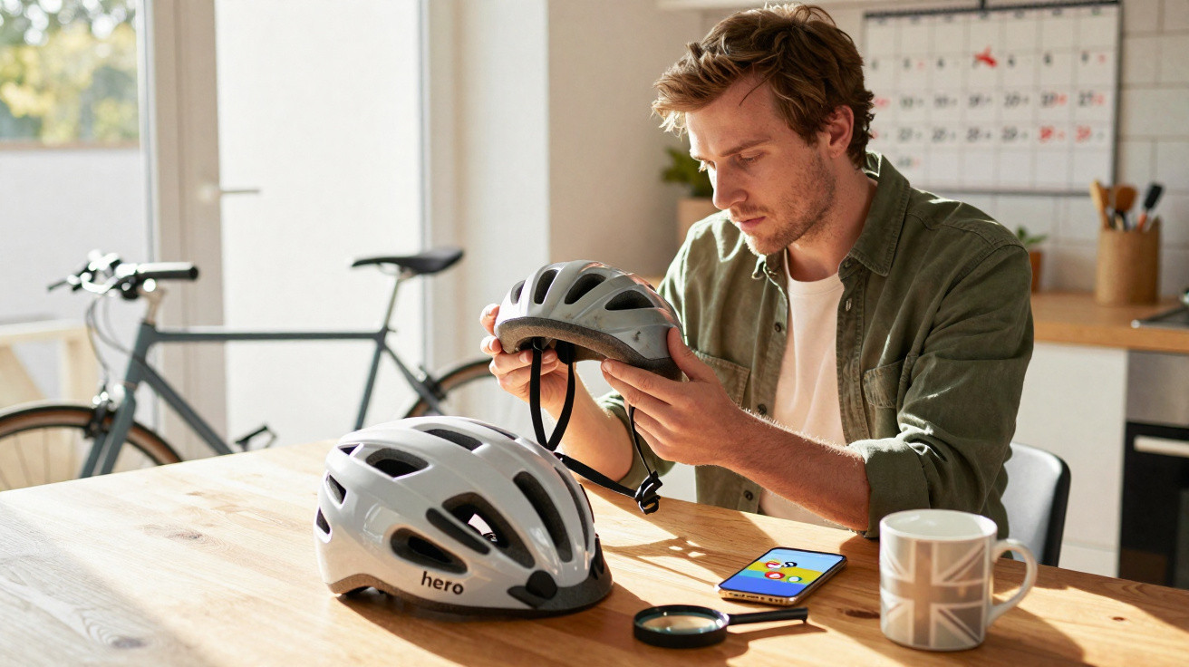 Mann überprüft Fahrradhelm am Tisch, neben zwei Helmen, Smartphone und Tasse in hellem Raum mit Fahrrad im Hintergrund.