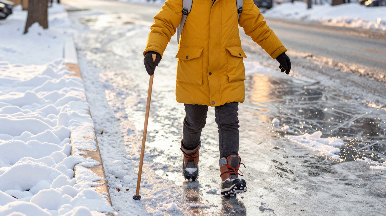 Kind mit gelber Winterjacke geht vorsichtig mit Gehstock über vereisten Gehweg im Schnee.