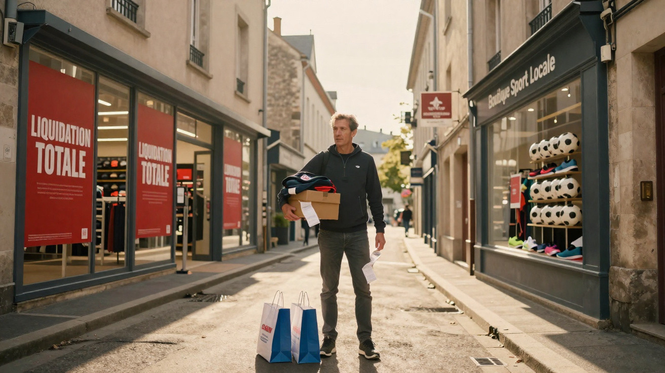 Mann mit Einkäufen und Kartons steht in einer Einkaufsstraße mit Sportgeschäft und Rabattaktion.