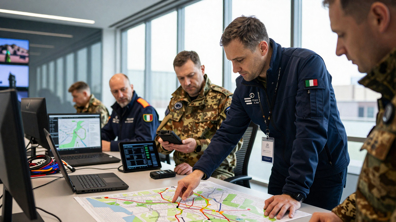 Militärische Einsatzbesprechung mit fünf Männern, die Karten und digitale Geräte in einem Büro analysieren.