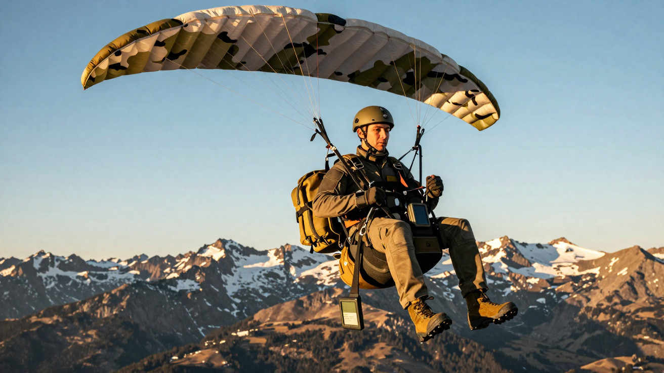 Person mit Fallschirm und Ausrüstung gleitet über schneebedeckte Berglandschaft im Abendlicht.