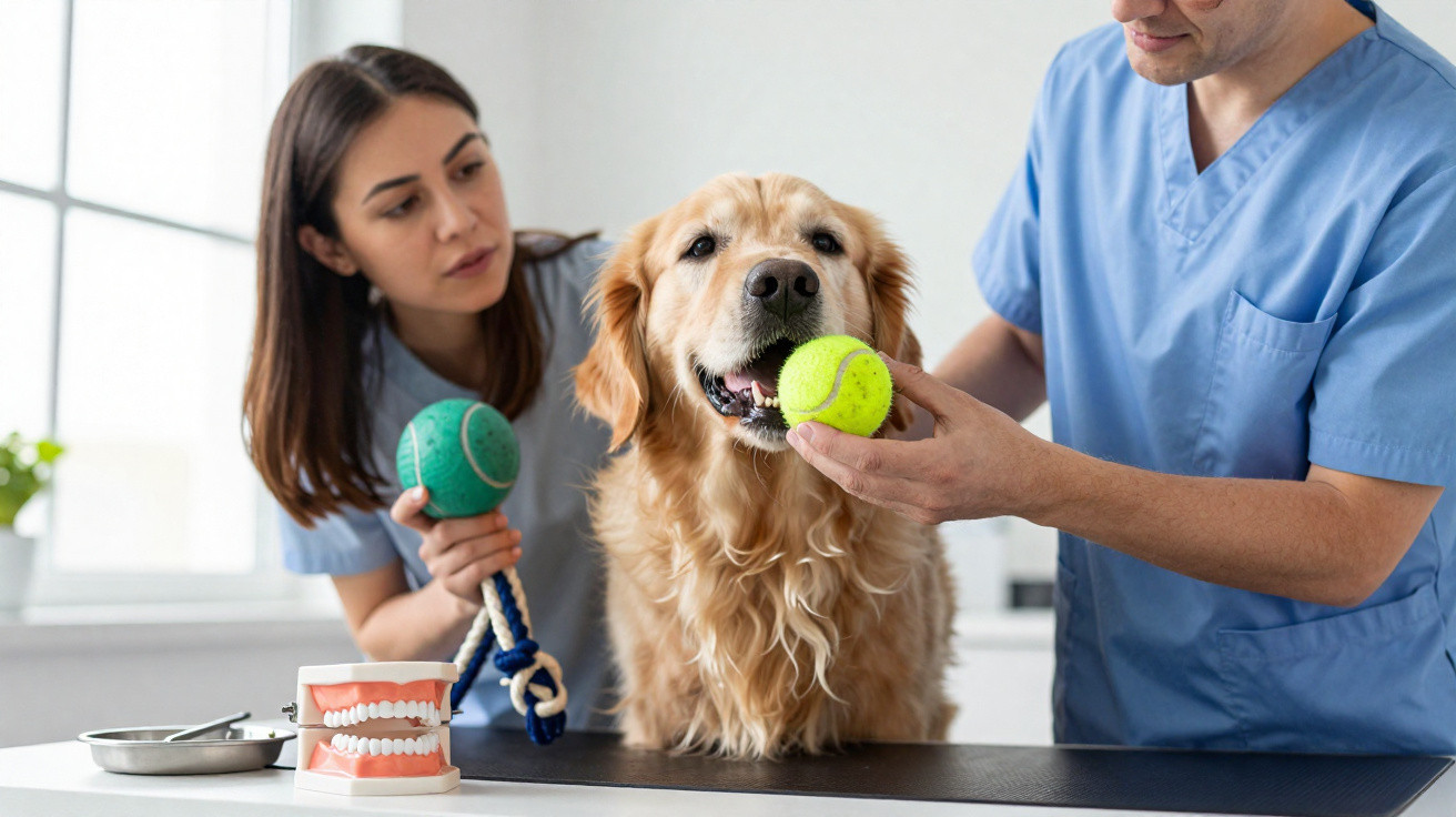 Tierärzte untersuchen einen Golden Retriever, der einen Tennisball im Maul hält, im Behandlungsraum.