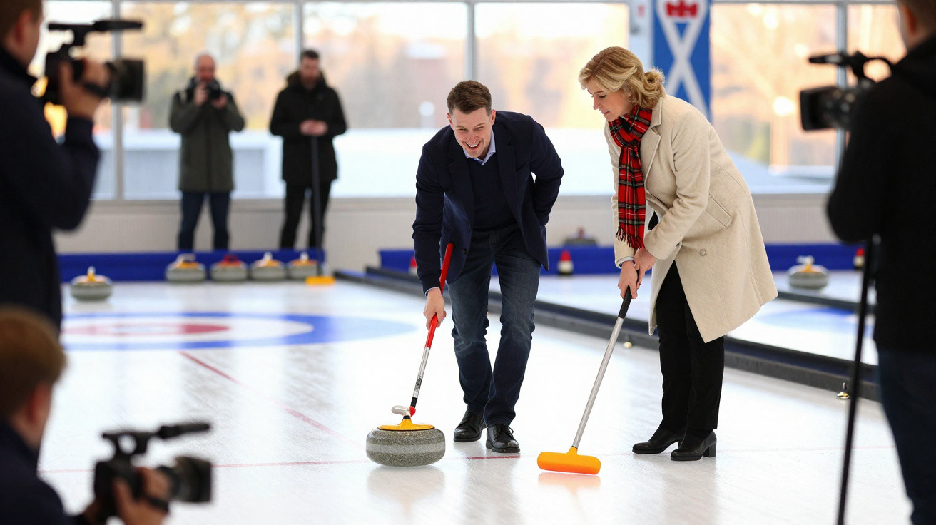 Zwei Personen spielen Curling auf der Eisbahn, umgeben von Kameraleuten und Zuschauern.