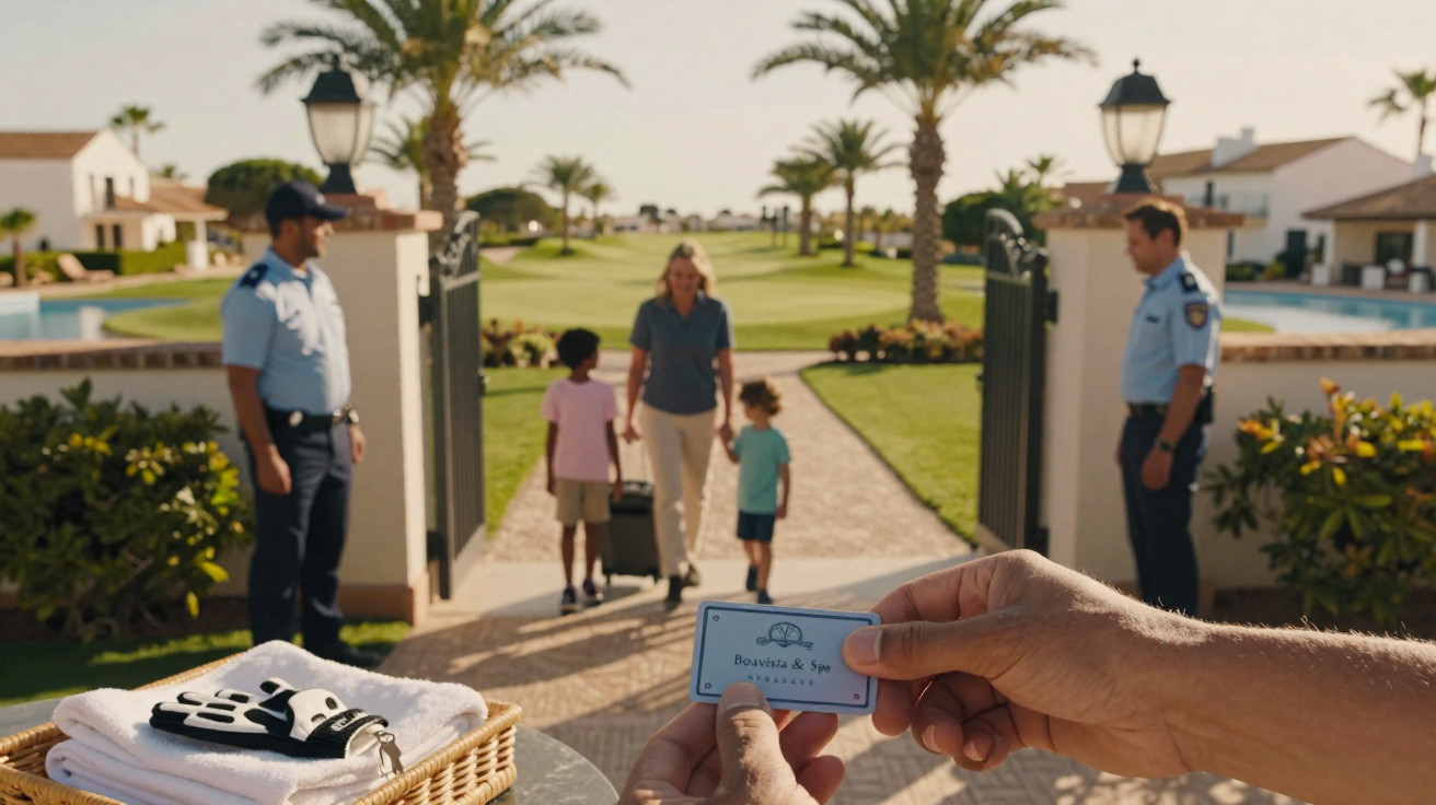 Familie mit Kindern betritt bewachte Ferienanlage, Hand hält Schlüsselkarte vom Boavista & Spa Resort.