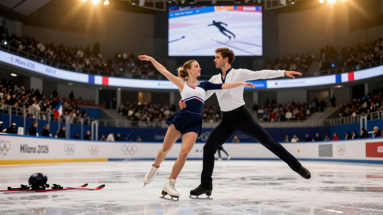Eiskunstlauf-Paar in eleganter Pose auf Eisfläche vor großem Publikum bei Milano 2026 Wettkampf.