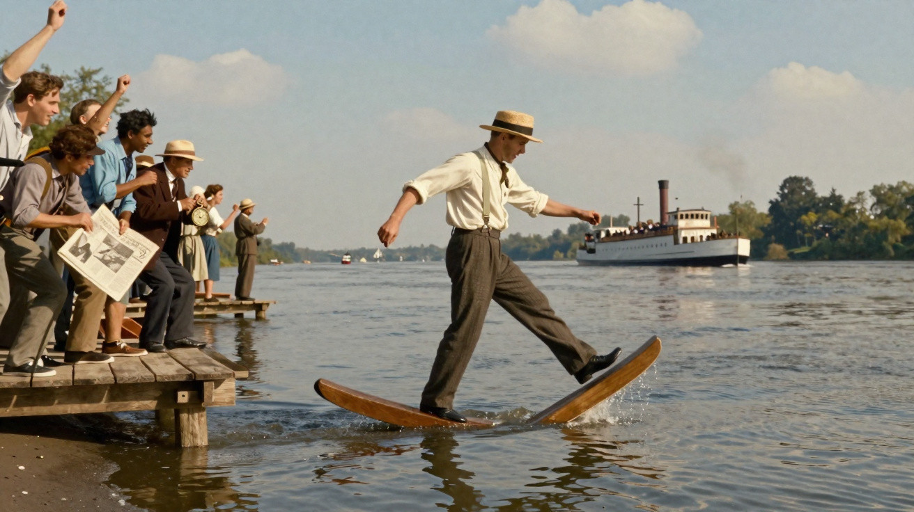 Mann mit Strohhut balanciert auf Wasserbrettern, während Leute am Steg zuschauen und ein Dampfschiff vorbeifährt.
