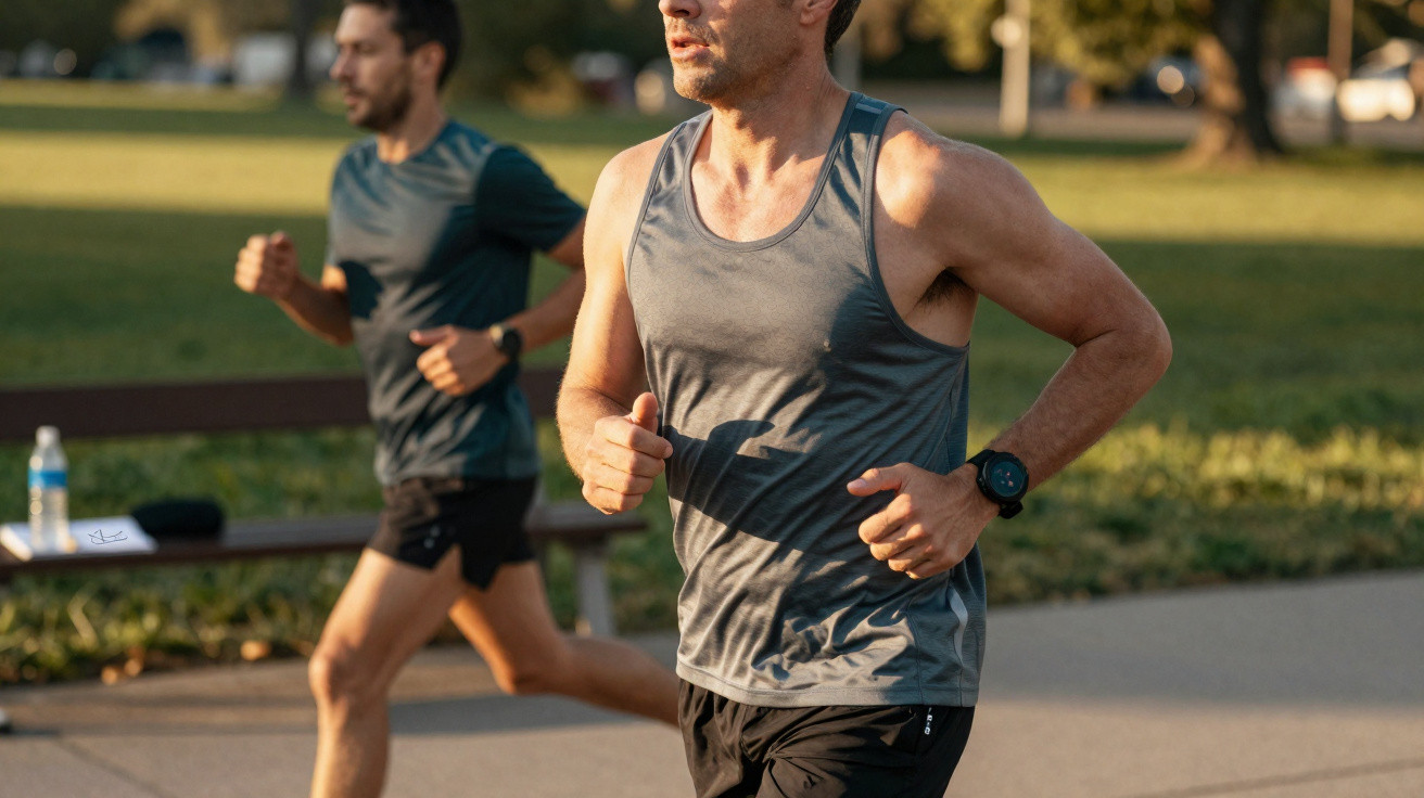 Zwei Männer joggen im Park bei Sonnenlicht, einer trägt graues Tanktop, der andere dunkelblaues Shirt.