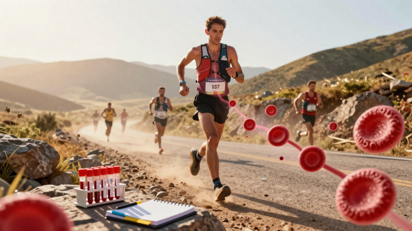 Läufer beim Marathon in bergiger Landschaft mit Blutproben und Blutkörperchen als Grafikelemente.