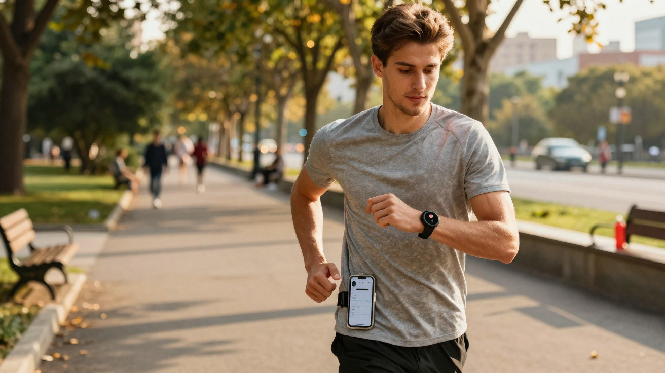 Junger Mann joggt in grauem T-Shirt mit Smartphone und Fitnessuhr im Park bei sonnigem Wetter.