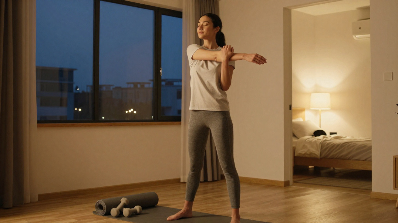 Frau macht Dehnübungen auf Yogamatte in modernem Wohnzimmer, abends beleuchtet, mit Hanteln und Rolle.