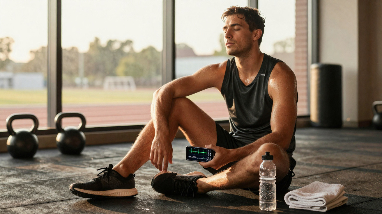 Mann sitzt nach dem Training mit geschlossen Augen im Fitnessstudio, hält Smartphone mit Pulsmessung.
