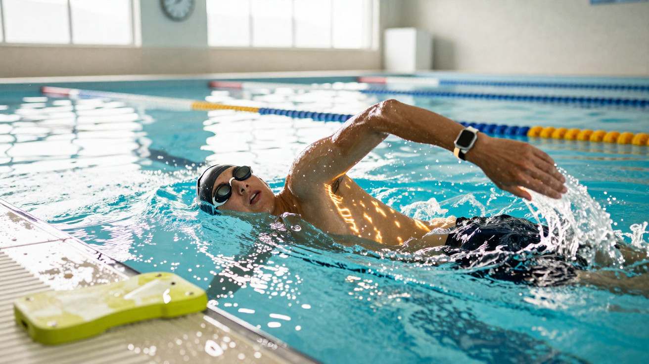 Mann schwimmt im Hallenbad Kraulstil mit Schwimmbrille und Smartwatch am Arm.