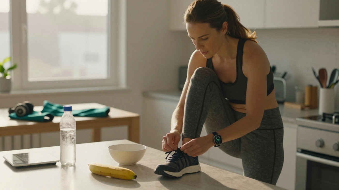 Frau in Sportkleidung bindet in der Küche ihre Laufschuhe, neben ihr Banane, Trinkflasche und Tablet.