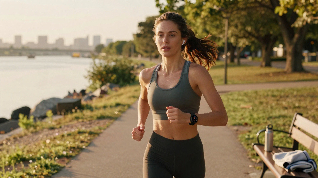 Frau joggt am Flussufer auf einem Weg, trägt Sportbekleidung und eine Smartwatch, im Hintergrund Bänke und Bäume.