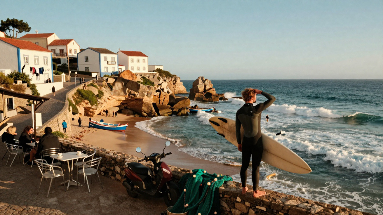 Surfer in Neoprenanzug blickt aufs Meer an einem sonnigen Strand mit Felsen und weißen Häusern.