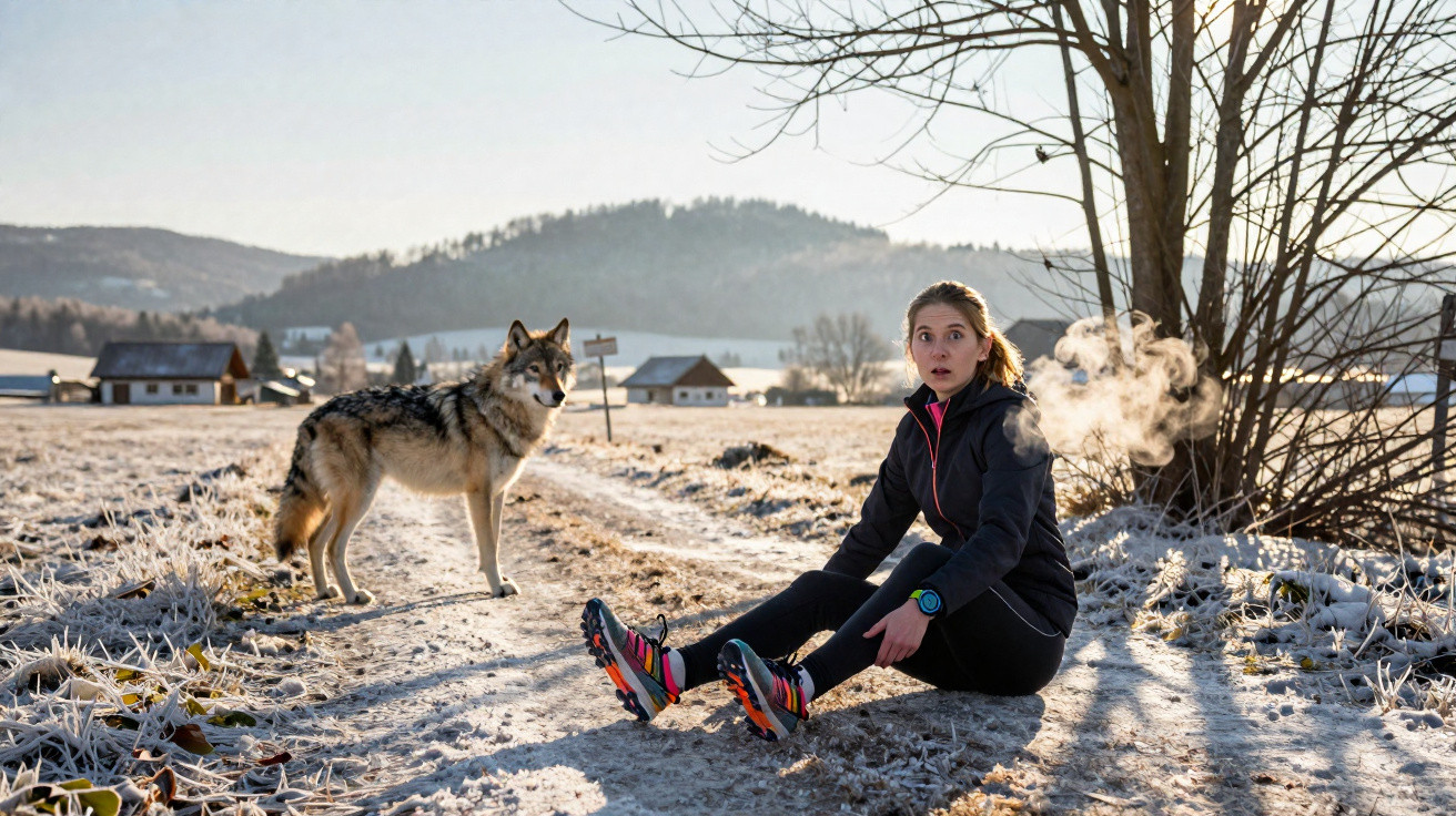 Frau sitzt erschrocken im frostigen Gelände, vor ihr steht ein Wolf, Atem sichtbar in kalter Luft.