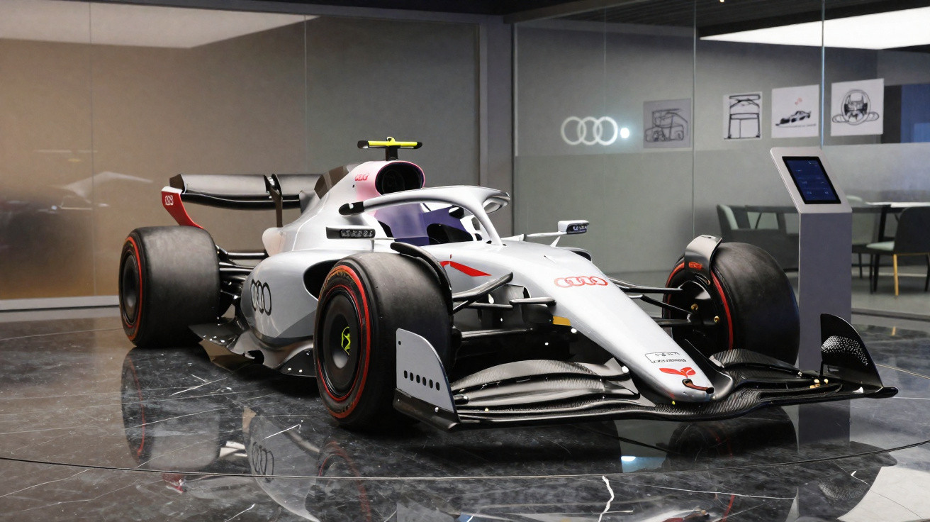 Audi Formel-1-Rennwagen in Weiß mit schwarzem Unterboden präsentiert in modernem Showroom