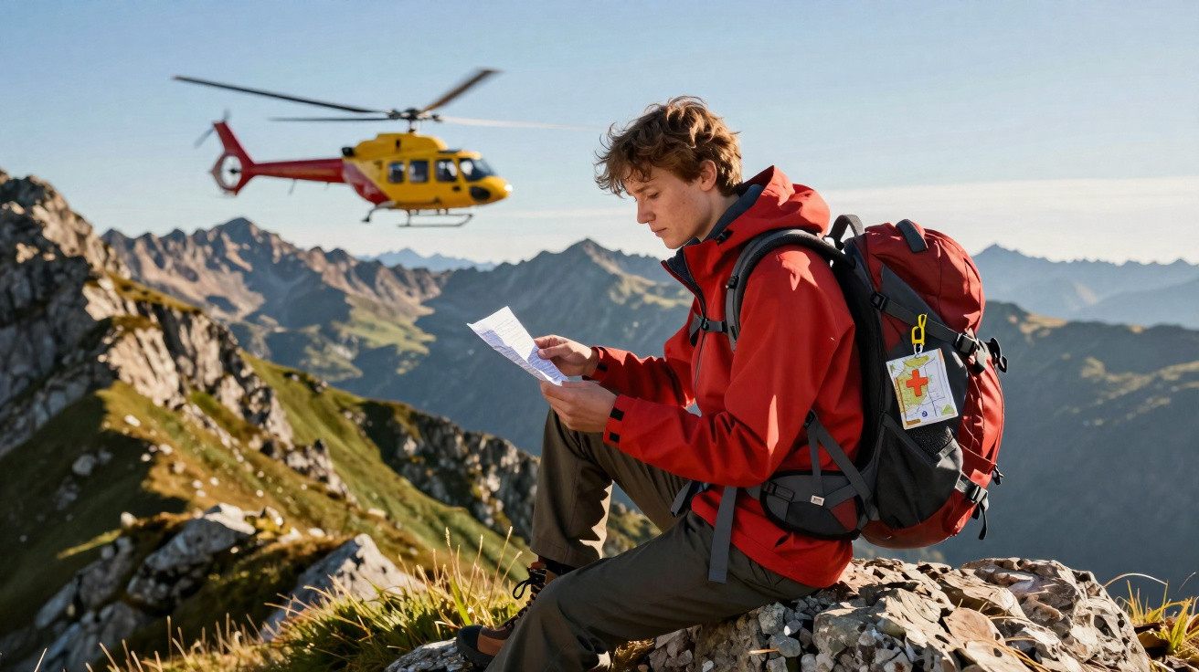 Bergrettungshubschrauber fliegt, während Wanderer mit rotem Rucksack auf Felsen in den Bergen eine Karte liest.