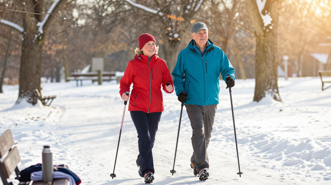 Älteres Paar beim Nordic Walking im verschneiten Park an sonnigem Wintertag