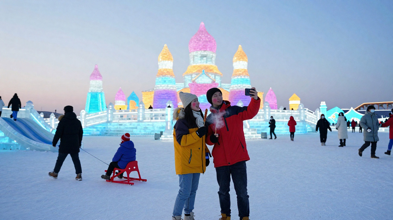 Menschen machen Selfie vor bunt beleuchtetem Eisschloss auf verschneitem Festivalgelände bei Dämmerung.