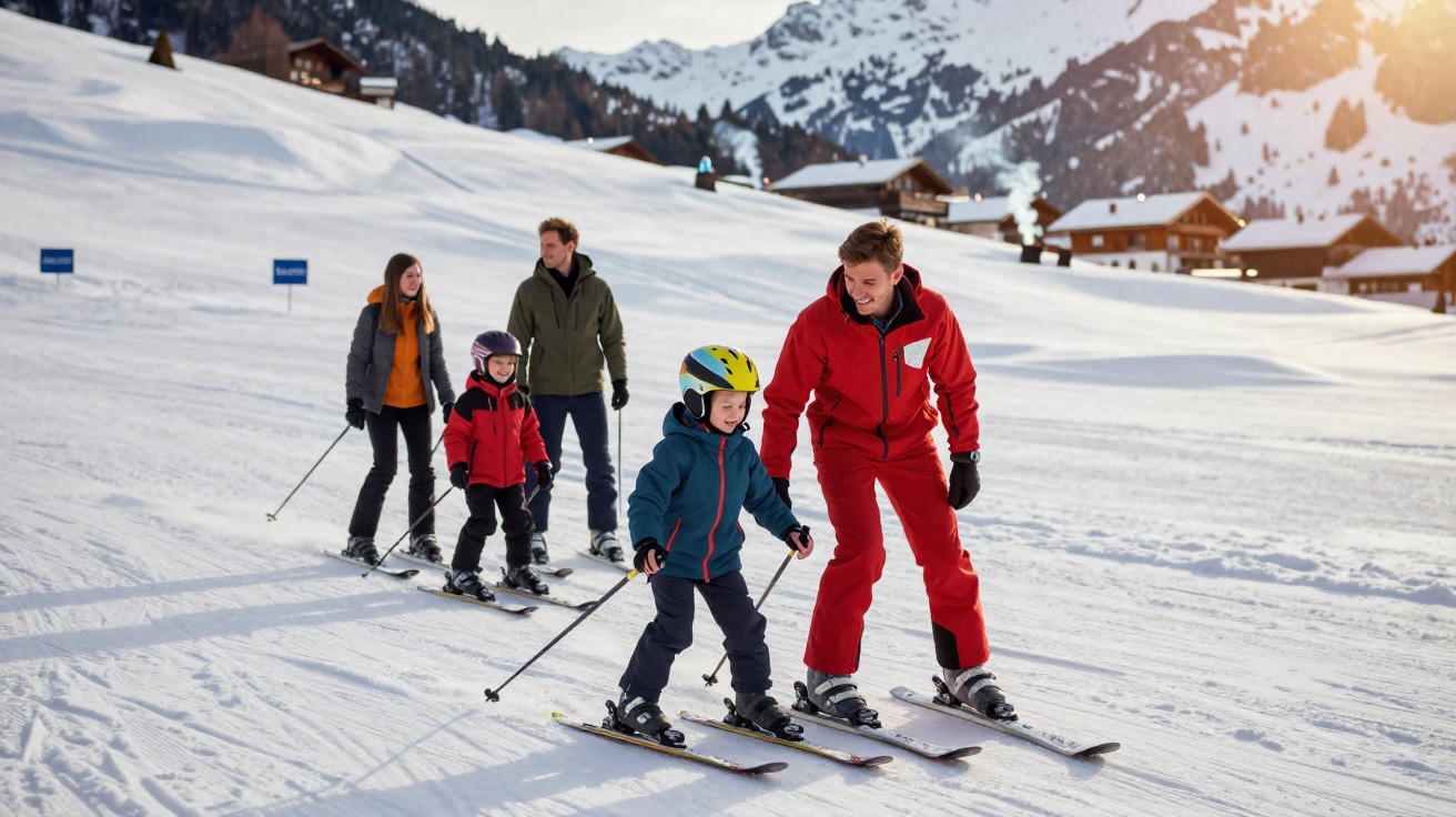 Familie beim Skifahren auf einer sonnigen Piste mit Bergen und Hütten im Hintergrund.