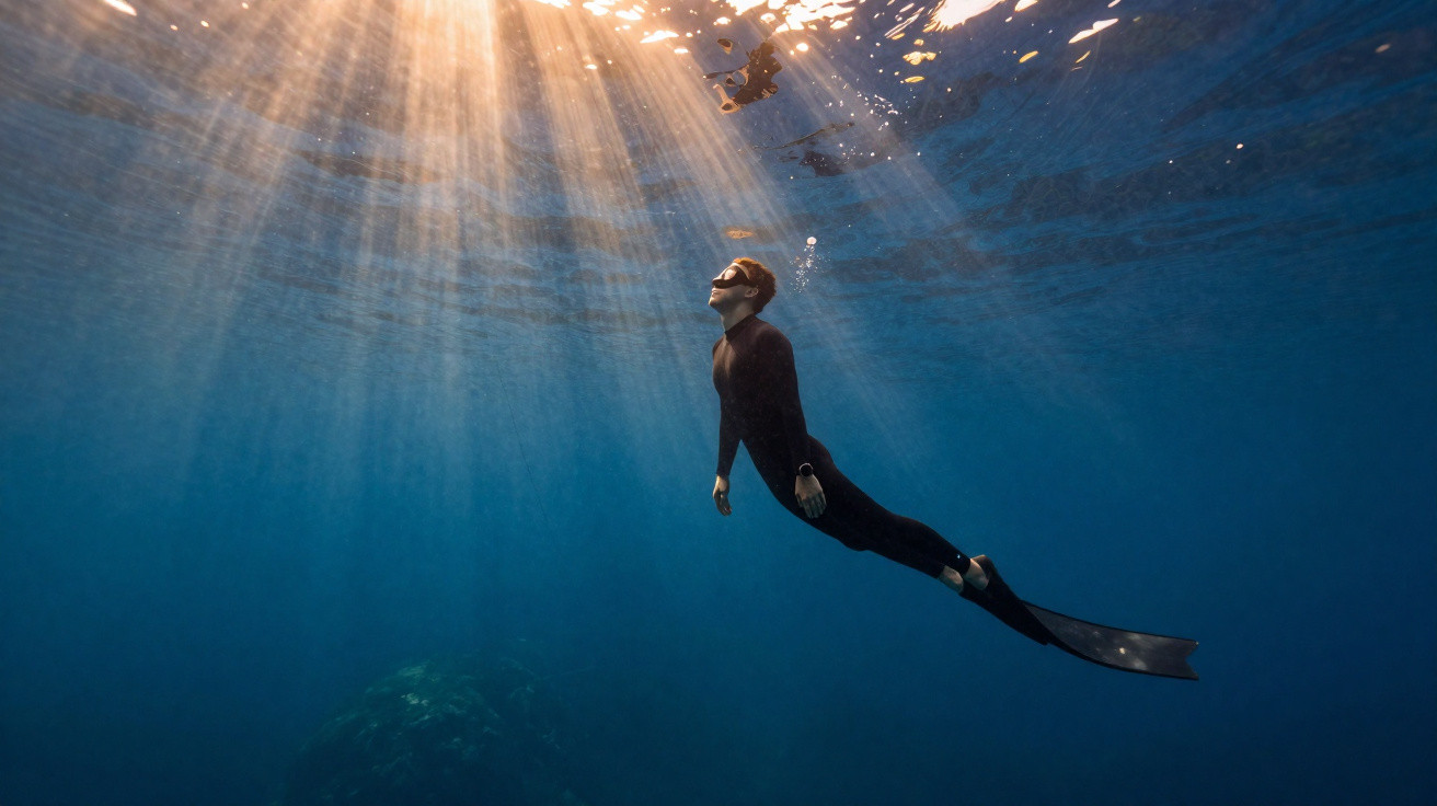Freitaucher mit Tauchanzug und Flossen schwimmt aufwärts im klaren blauen Wasser mit Sonnenstrahlen.