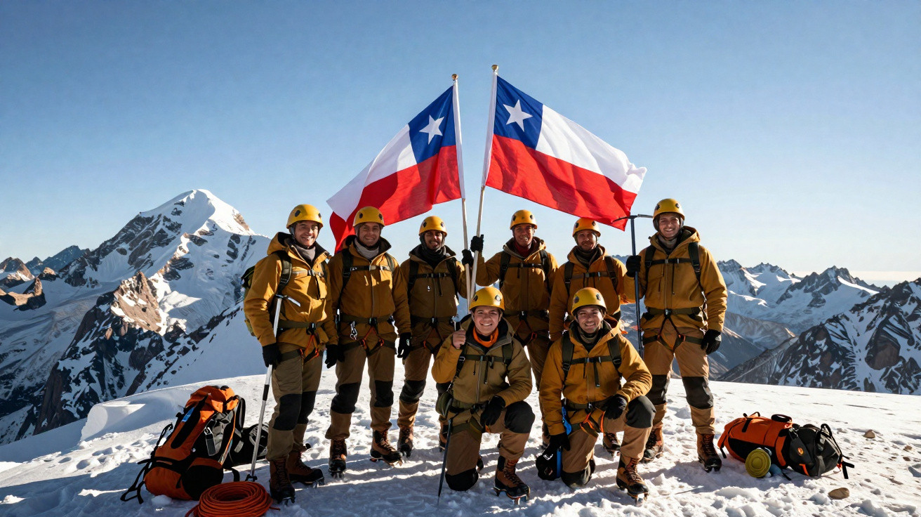 Bergsteigerteam mit chilenischen Flaggen auf schneebedecktem Gipfel vor Bergkulisse bei klarem Himmel.