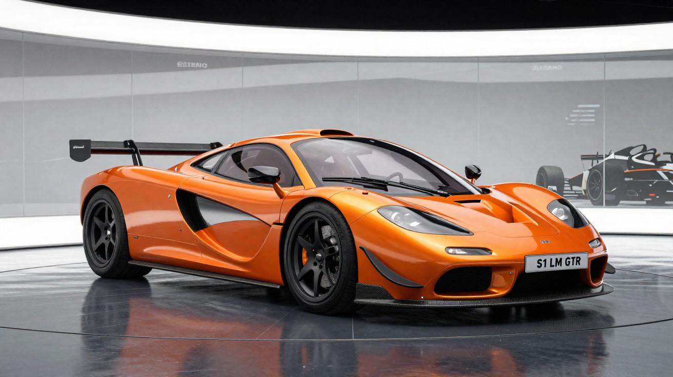 Oranger McLaren S1 LM GTR Supersportwagen in moderner Ausstellungshalle mit Rennwagen im Hintergrund.