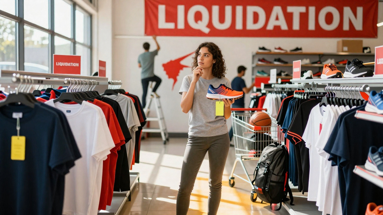 Frau hält Sportschuh in Lagerverkauf mit Kleidung und rotem "LIQUIDATION"-Banner im Hintergrund.