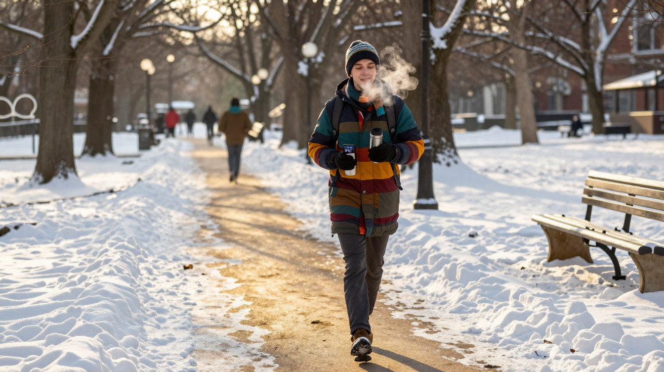 Junger Mann in bunter Jacke geht bei Schnee im Park und trinkt heißen Kaffee aus Thermobecher.