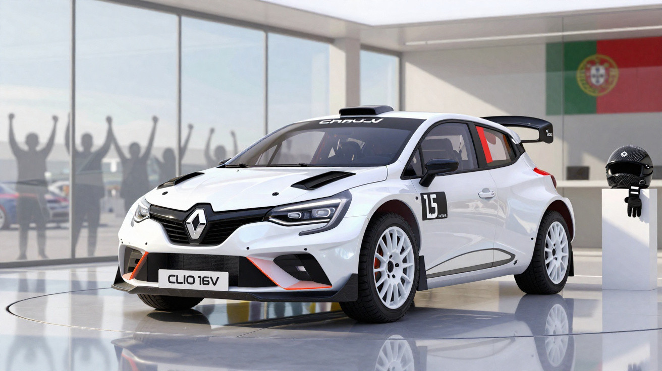 Weißer Renault Clio 16V Rallyeauto in Ausstellungsraum mit Portugalflagge und Jubelnden im Hintergrund.