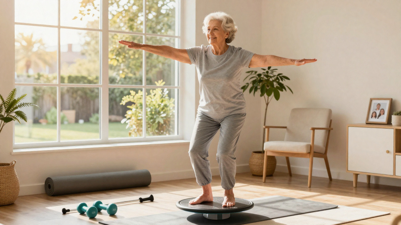 Ältere Frau balanciert auf einem Balance-Board in hellem Wohnzimmer mit Sportgeräten und Pflanzen.