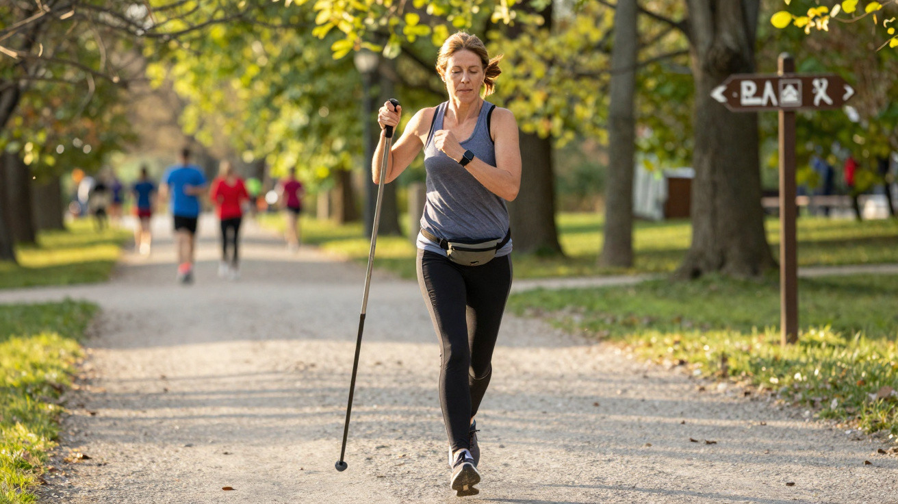 Frau trainiert Nordic Walking auf einem Waldweg, im Hintergrund laufen weitere Menschen bei sonnigem Wetter.
