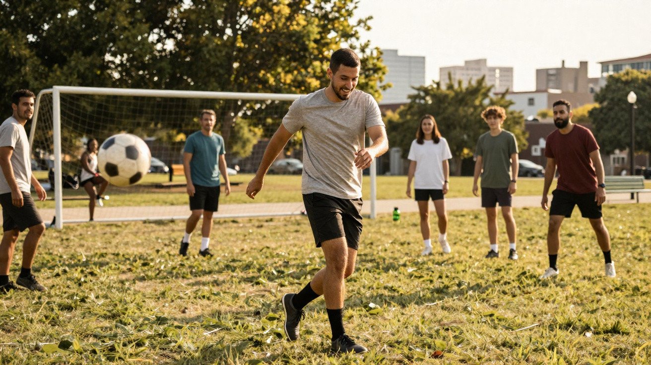 Junge Erwachsene spielen Fußball auf einer Wiese vor einem Tor in einem Park bei Sonnenschein.