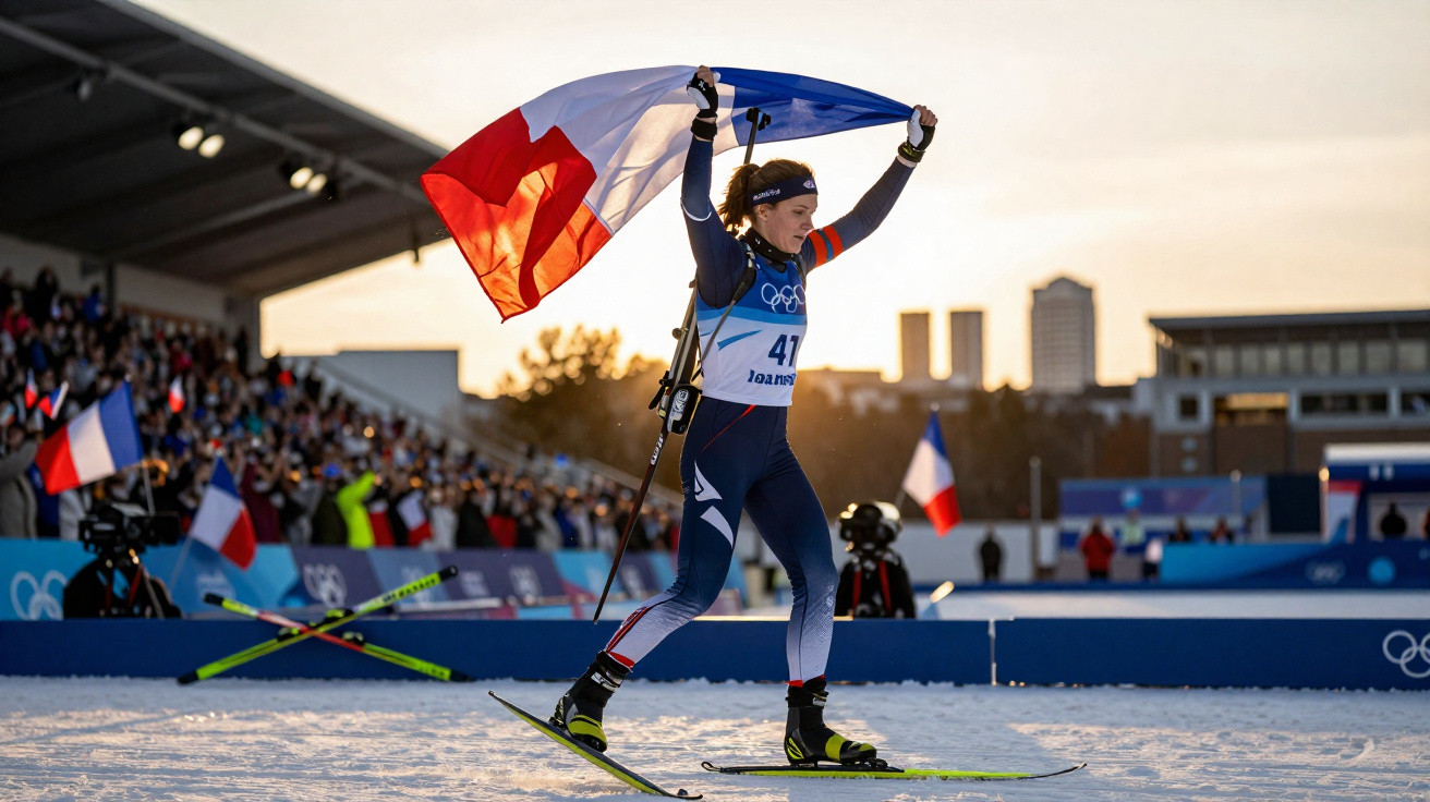 Biathletin feiert mit französischer Flagge beim Zieleinlauf vor begeistertem Publikum bei Olympia.