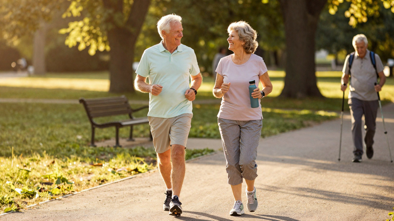 Älteres Paar joggt lächelnd im Park, im Hintergrund geht eine weitere ältere Person mit Wanderstöcken.