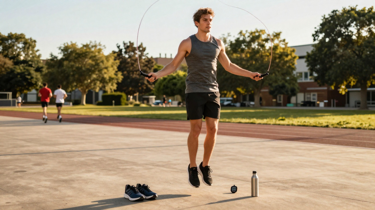Mann in Sportbekleidung springt mit Springseil auf Asphalt mit Schuhen, Stoppuhr und Trinkflasche daneben.