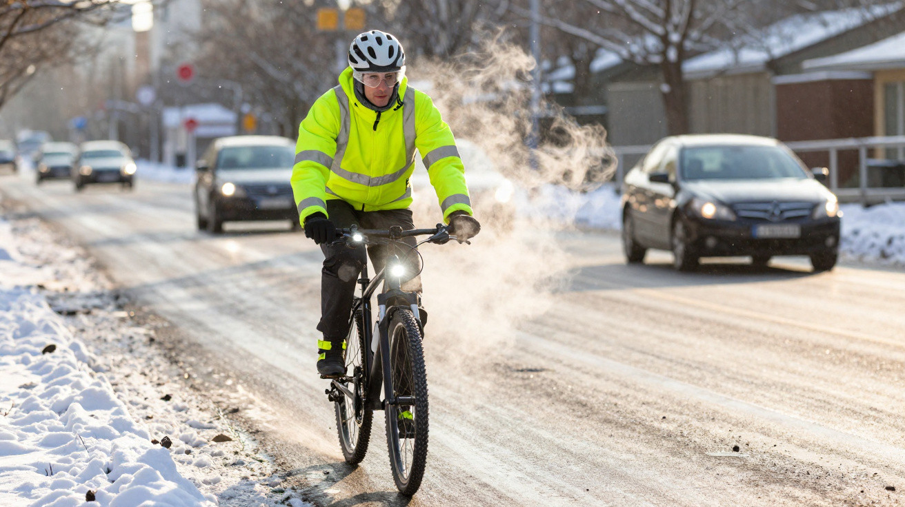 Mann im reflektierenden Winterjacke fährt Fahrrad auf schneebedeckter Straße mit Atemwolken sichtbar.