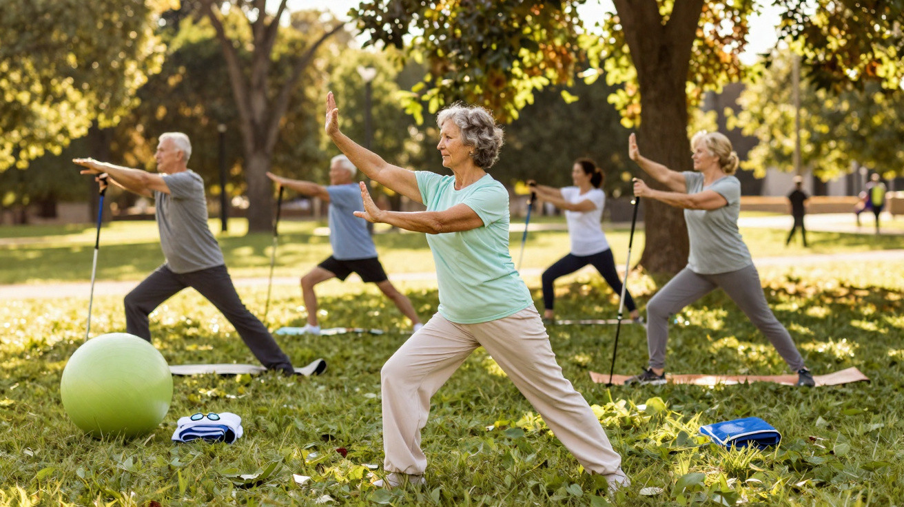 Senioren üben Tai Chi in einem sonnigen Park, umgeben von Bäumen und grüner Wiese.