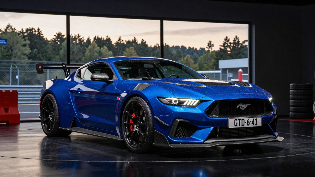 Blauer Ford Mustang GT Racecar mit schwarzen Felgen und Spoiler in moderner Garage vor Fensterwand.