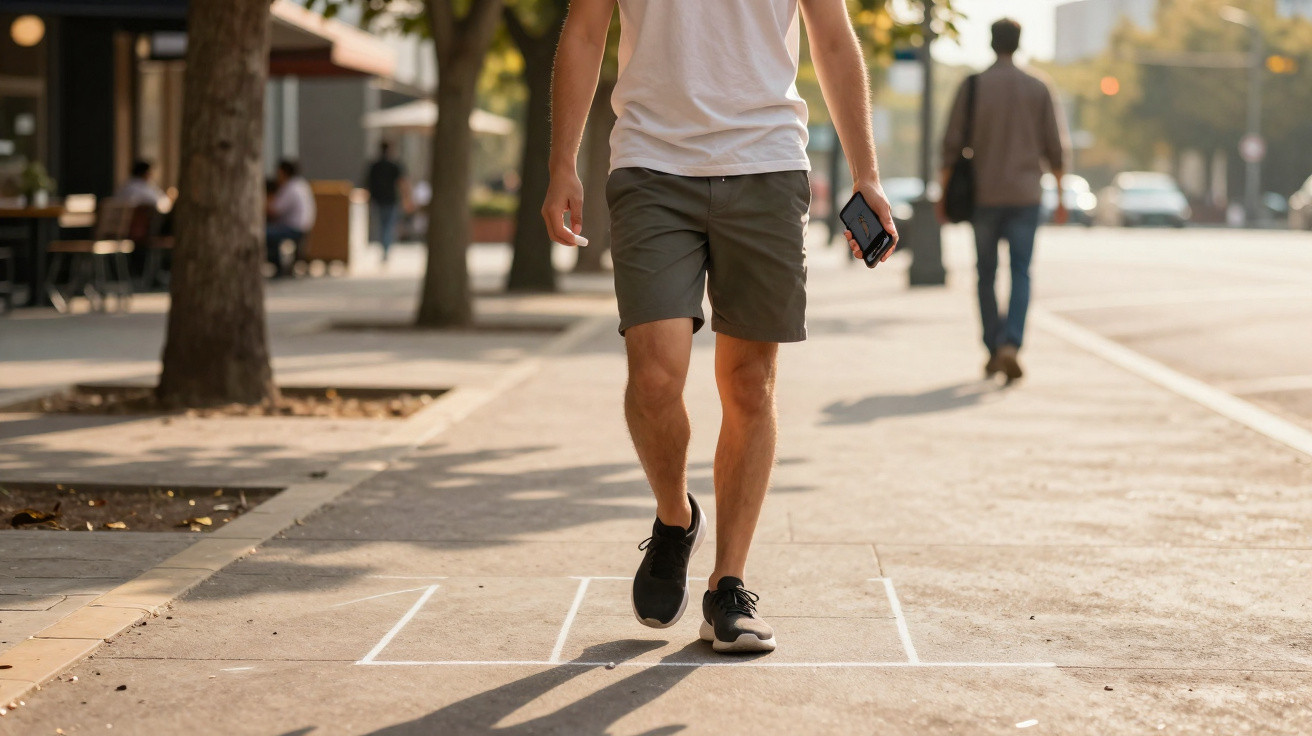 Mann in Shorts und T-Shirt läuft auf Bürgersteig und hält Handy, Sonnenlicht und Bäume im Hintergrund.