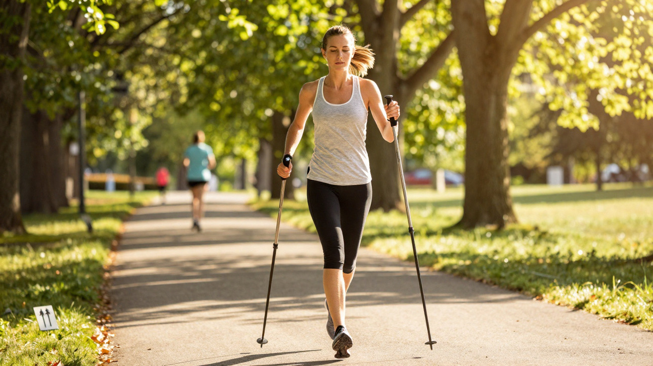 Frau beim Nordic Walking auf einem sonnigen Parkweg mit Bäumen im Hintergrund.
