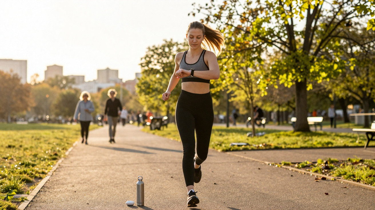 Junge Frau joggt im Park und schaut auf ihre Sportuhr bei sonnigem Wetter im Herbst.