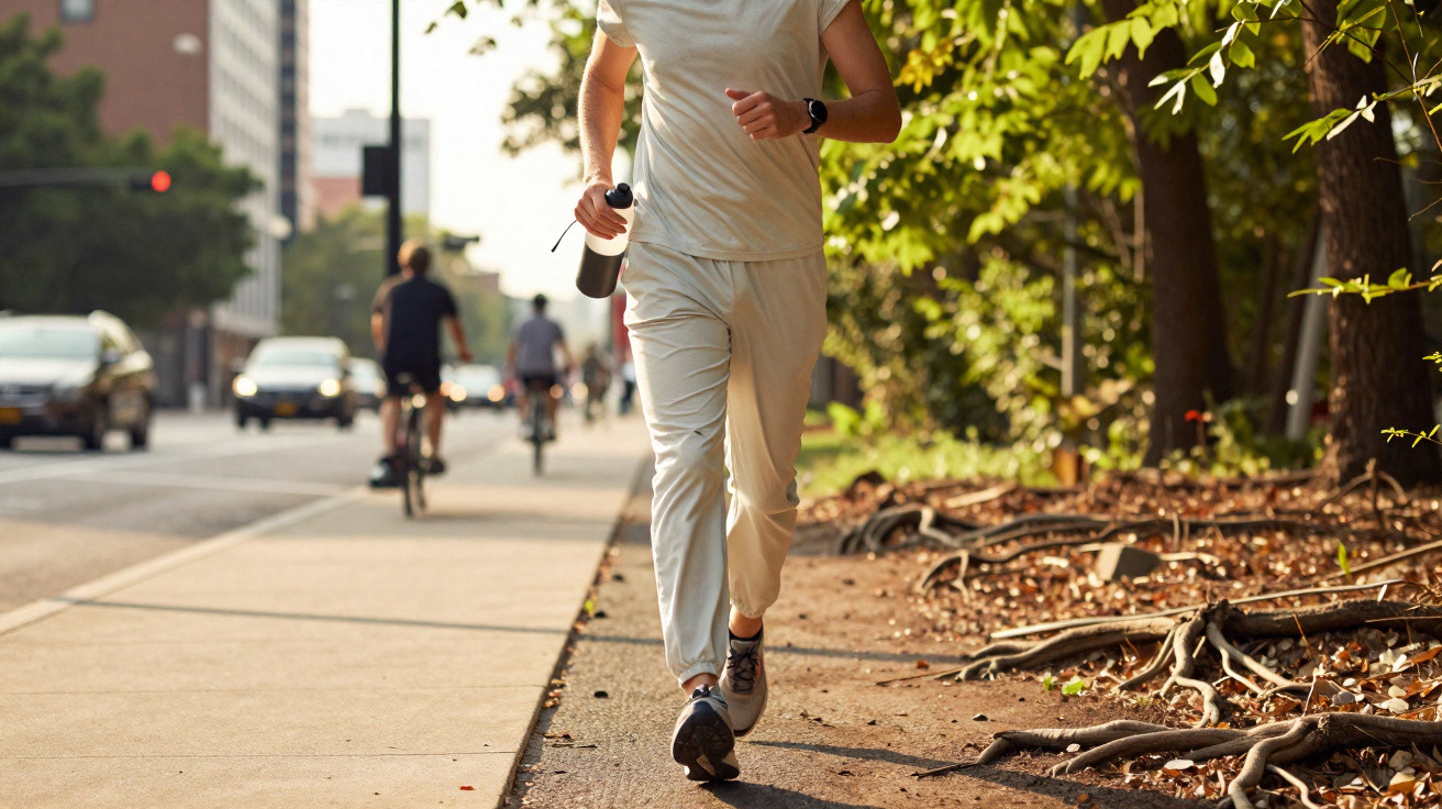 Person joggt mit Trinkflasche auf einem Weg neben einer Straße mit Bäumen und Radfahrern im Hintergrund.