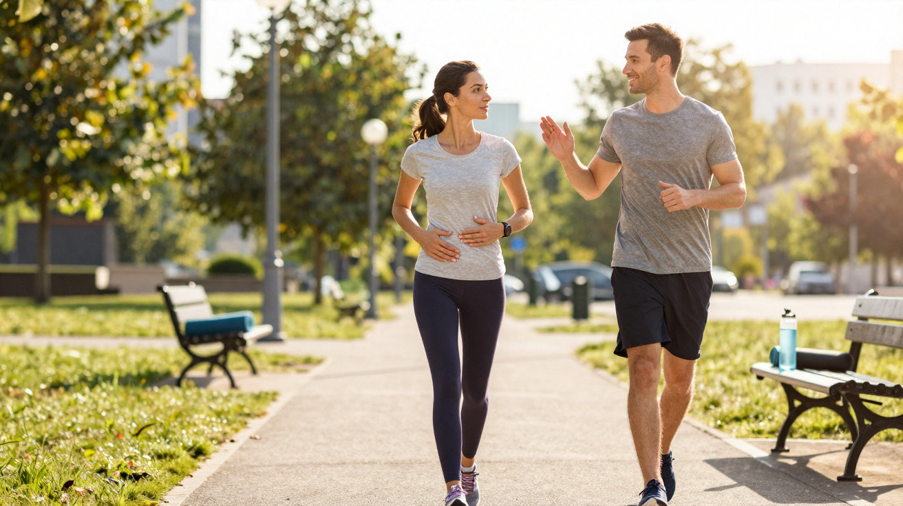 Zwei sportliche Personen joggen und unterhalten sich auf einem sonnigen Parkweg mit Bänken und Bäumen.