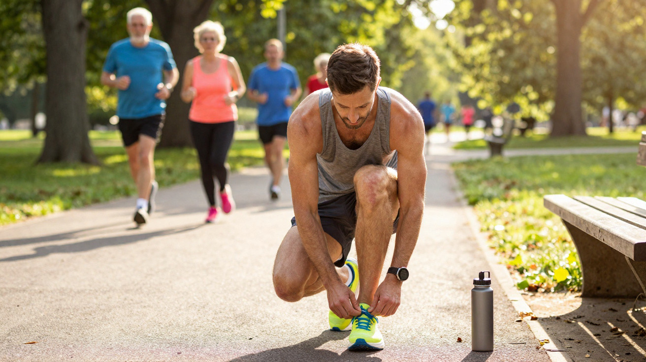 Mann bindet im Park seine Laufschuhe, während im Hintergrund mehrere Personen joggen.