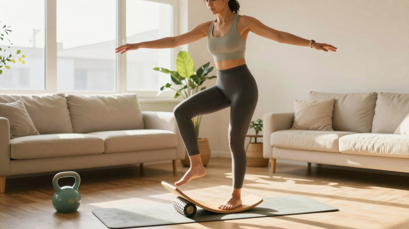 Frau balanciert auf einem Wackelbrett auf Yogamatte im Wohnzimmer, umgeben von Sofas und Kettlebell.
